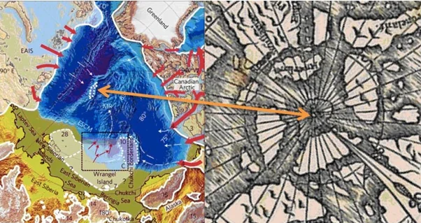 The polar glacier of the Lomonosov Ridge (marked with a white dotted line at the pole in the panel on the left) corresponds to a non-existent land on the Orons Finet map of 1508 (indicated by the arrow on the right).